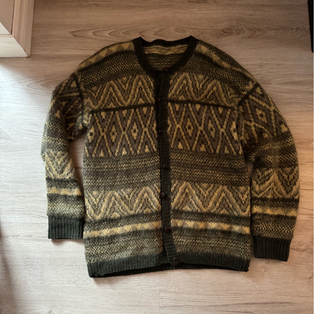 Vintage mohair wool Patterned Green and Brown Women's Sweater